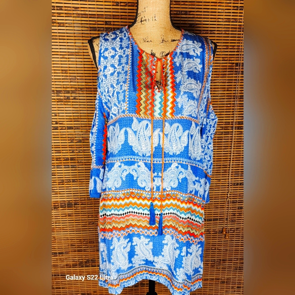 Anthropologie Blue and Orange Patterned Dress